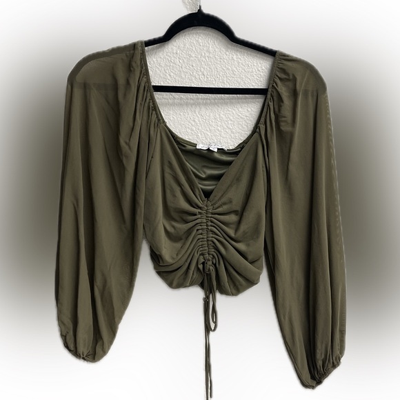 Dark Green Crop Top Scrunch Tie Long Puffer Sheer Sleeve - Picture 4 of 5